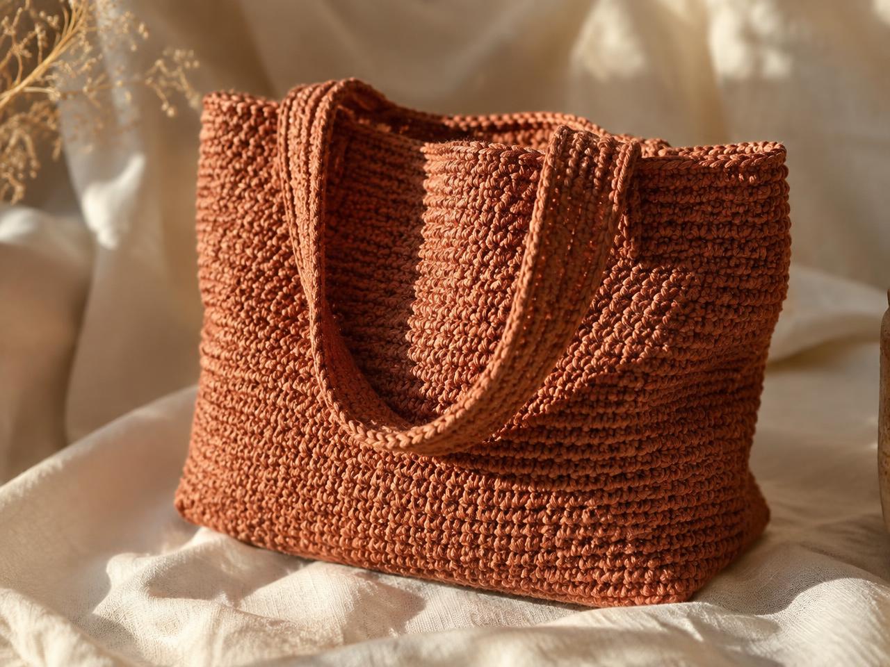Terracotta handmade crochet tote bag resting on cream linen